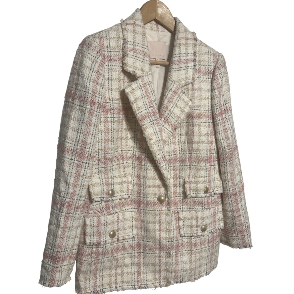 Rebecca Taylor Plaid Tweed Blazer Pink Beige Gold Button Fringe Retail: $340 EUC
